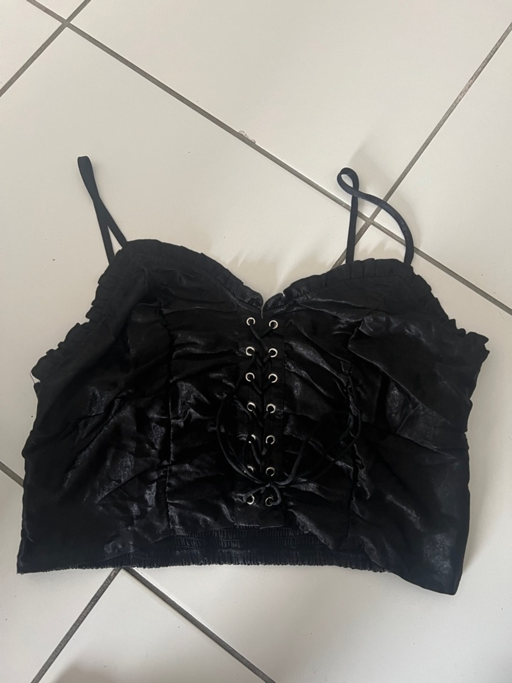 SHEIN Black Lace-Up Satin Crop Cami